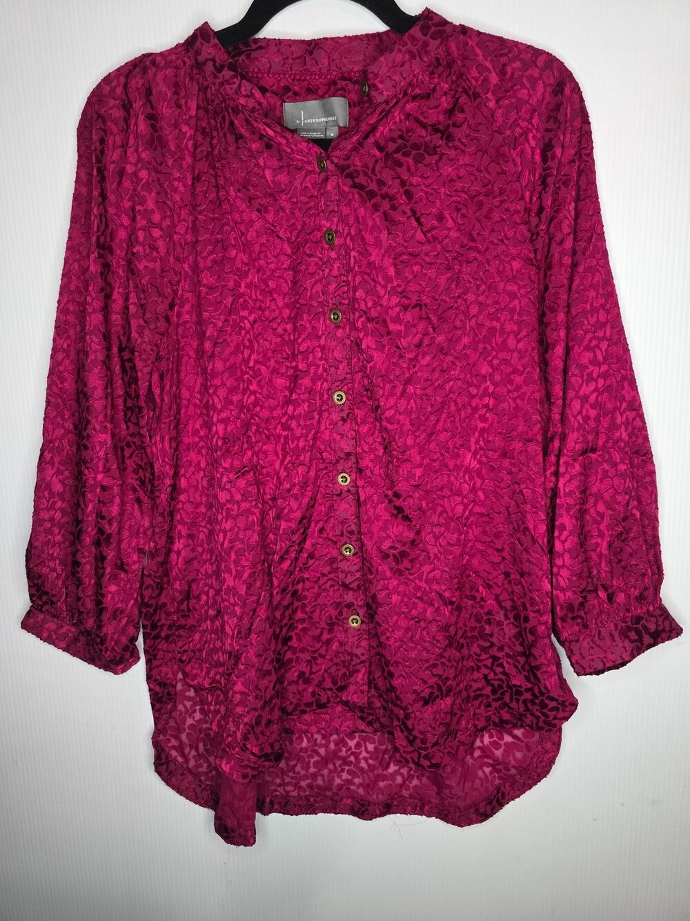 ​Size M By Anthropologie Magenta Velvet Burnout Blouse Long Sleeve Button Down
